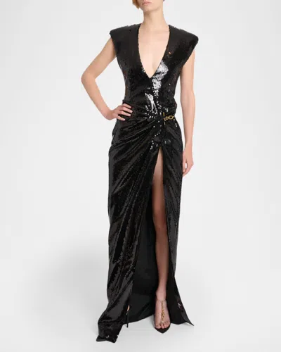 Balmain Long Draped Sequin Dress With Embellished Detail In Black