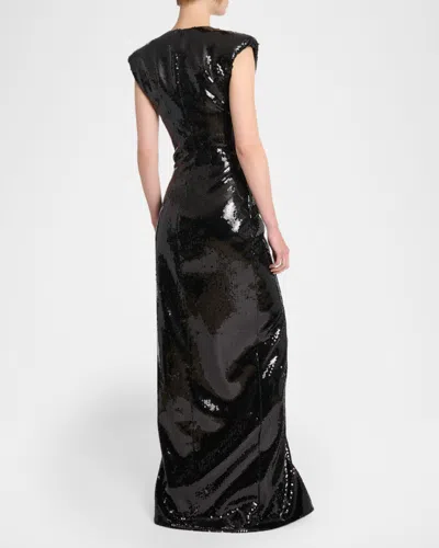 Balmain Long Draped Sequin Dress With Embellished Detail In Black