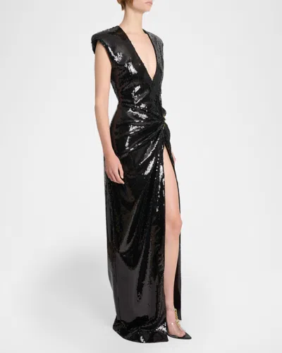 Balmain Long Draped Sequin Dress With Embellished Detail In Black