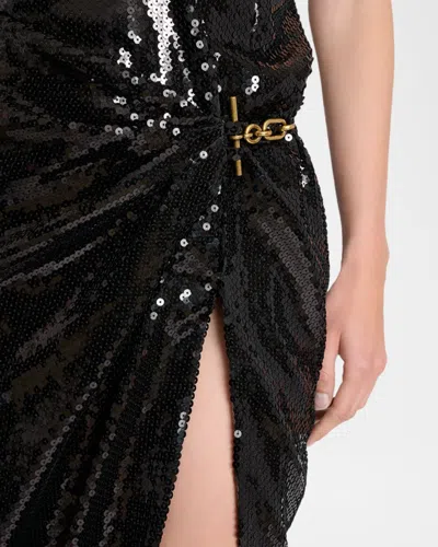 Balmain Long Draped Sequin Dress With Embellished Detail In Black