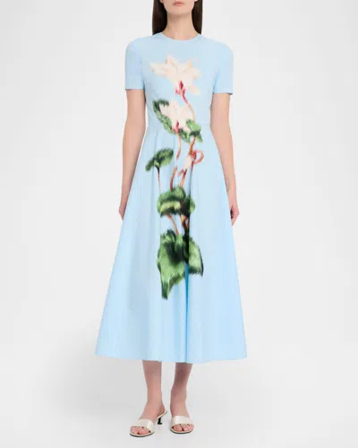 Oscar De La Renta Short Sleeve Chine Cyclamen Poplin Day Dress In Blue
