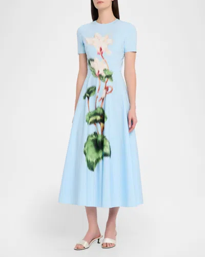 Oscar De La Renta Short Sleeve Chine Cyclamen Poplin Day Dress In Blue