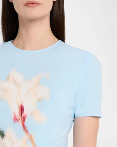 Oscar De La Renta Short Sleeve Chine Cyclamen Poplin Day Dress In Blue