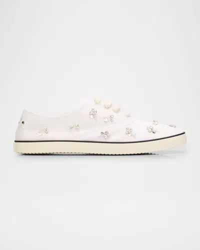 Miu Miu Crystal Embellished Low Top Canvas Sneaker In White