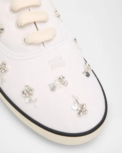 Miu Miu Crystal Embellished Low Top Canvas Sneaker In White