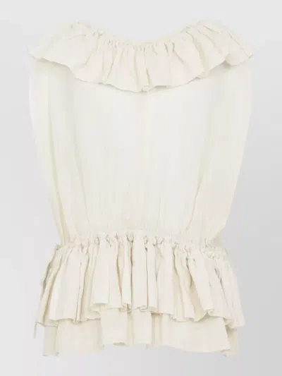 Dries Van Noten Sleeveless Top Elastic Waist Ruffled Neckline In White