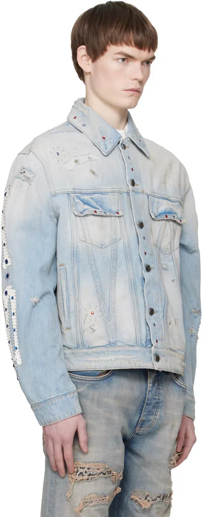 Amiri Crystal Studded Bones Denim Trucker Jacket In Blue