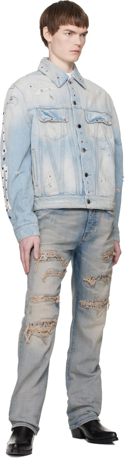 Amiri Crystal Studded Bones Denim Trucker Jacket In Blue