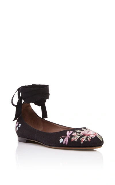 Tabitha Simmons Daria Embroidered Linen Ankle-wrap Flat, Black Pattern
