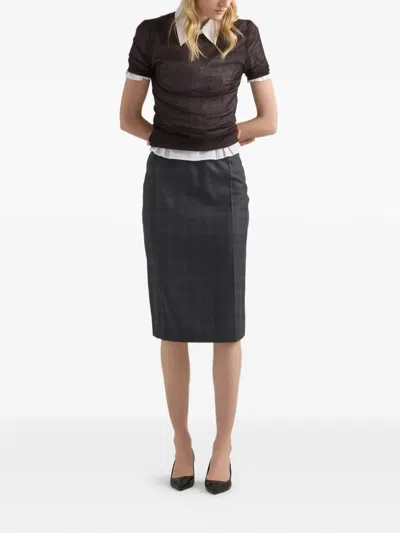 Prada Checked Wool Midi-skirt In Black