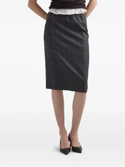 Prada Checked Wool Midi-skirt In Black