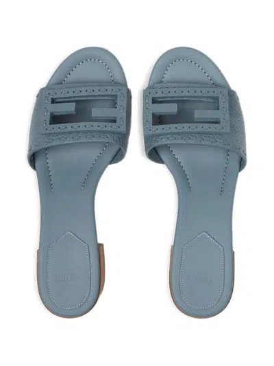 Fendi 45mm Ff Baguette Vitello Leather Slide Sandals In Blue