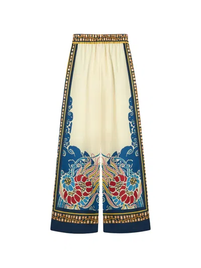 La Doublej Multicolor Palazzo Pants With Wide Leg And All-over Print In Silk Woman In Yellow