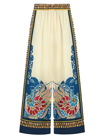 La Doublej Multicolor Palazzo Pants With Wide Leg And All-over Print In Silk Woman In Yellow