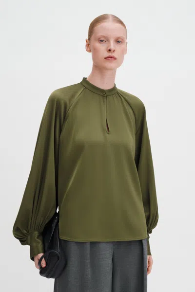 Filippa K Bishop-sleeve Satin Blouse In Green