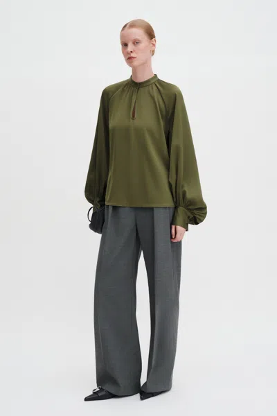 Filippa K Bishop-sleeve Satin Blouse In Green