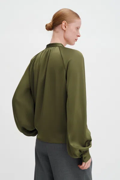 Filippa K Bishop-sleeve Satin Blouse In Green