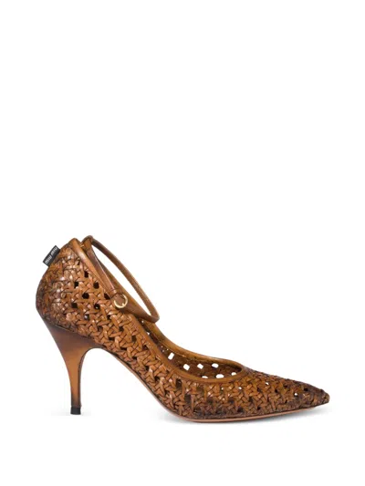 Miu Miu 80 Woven Leather Pointed Pumps In Brown