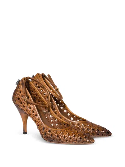Miu Miu 80 Woven Leather Pointed Pumps In Brown