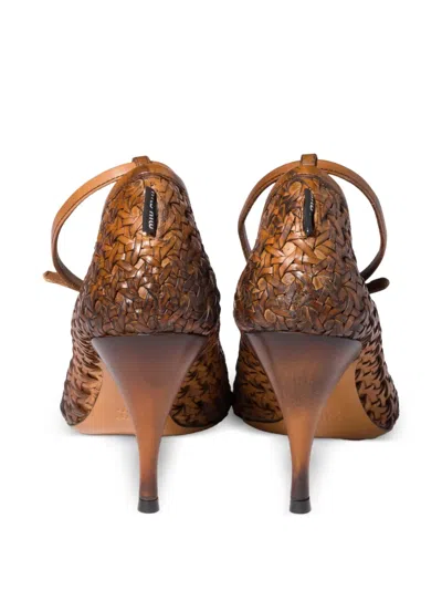 Miu Miu 80 Woven Leather Pointed Pumps In Brown
