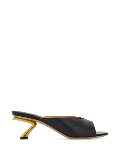 Ferragamo Igea S-shaped Kitten Heel Sandal In Black