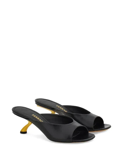 Ferragamo Igea S-shaped Kitten Heel Sandal In Black