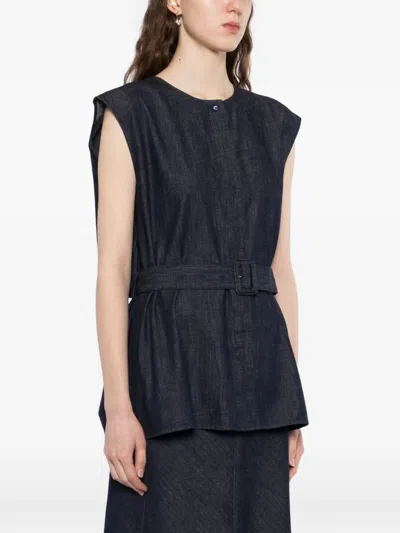 Less Belted Denim Vest In Blue