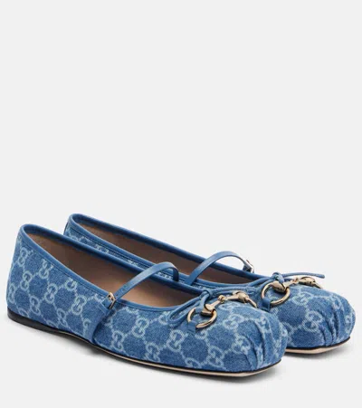 Gucci Signature Horsebit Detail Gg Monogram Ballet Flats In Blue