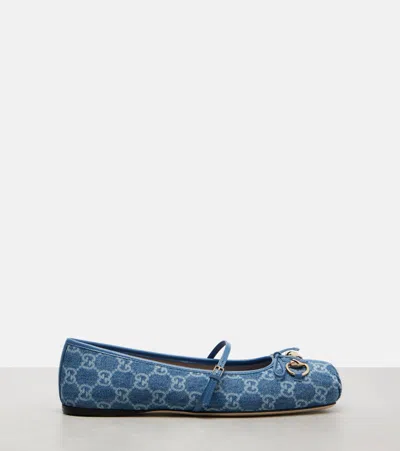 Gucci Signature Horsebit Detail Gg Monogram Ballet Flats In Blue