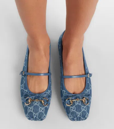 Gucci Signature Horsebit Detail Gg Monogram Ballet Flats In Blue