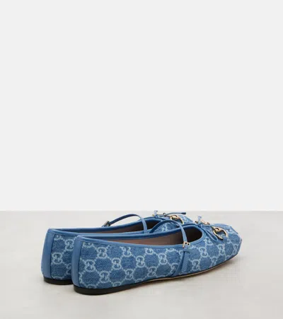 Gucci Signature Horsebit Detail Gg Monogram Ballet Flats In Blue