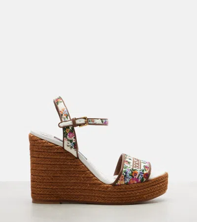 Dolce & Gabbana Leather-trimmed Embroidered Canvas Platform Wedge Sandals In Brown