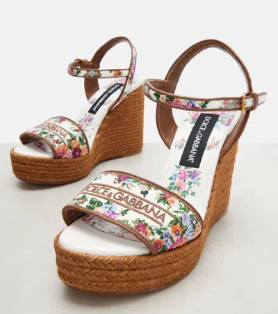 Dolce & Gabbana Leather-trimmed Embroidered Canvas Platform Wedge Sandals In Brown