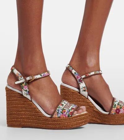 Dolce & Gabbana Leather-trimmed Embroidered Canvas Platform Wedge Sandals In Brown