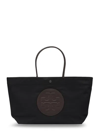 Tory Burch Ella Twisted Black Tote Bag With Logo On The Front In Ecoleather Woman