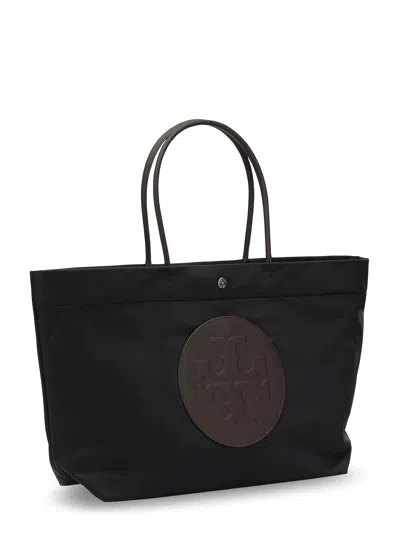 Tory Burch Ella Twisted Black Tote Bag With Logo On The Front In Ecoleather Woman