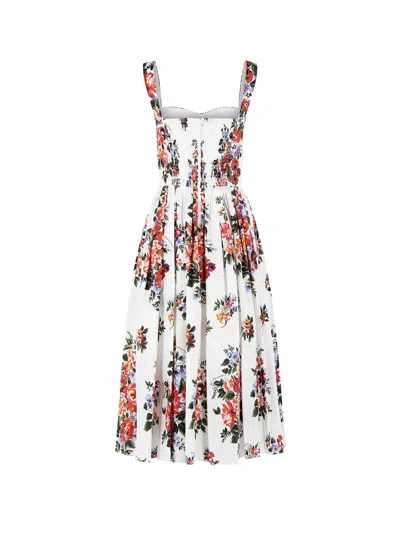 Dolce & Gabbana White Cotton Midi Dress With Floral Print Dolce E Gabbana In Multi