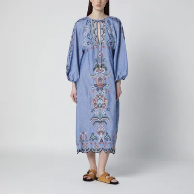 Farm Rio Blue Crew Neck Dress With Knot Closure And All-over Embroidery In Fabric Woman