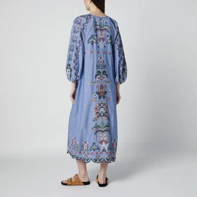 Farm Rio Blue Crew Neck Dress With Knot Closure And All-over Embroidery In Fabric Woman