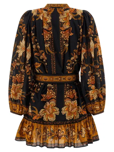 Farm Rio Majestic Garden Multicolor Crewneck Mini Dress With All-over Floral Motif And Front Belt In Cotton W