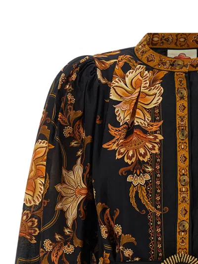 Farm Rio Majestic Garden Multicolor Crewneck Mini Dress With All-over Floral Motif And Front Belt In Cotton W