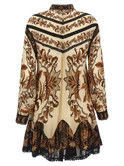 Farm Rio Majestic Garden Long Sleeve Lace Insets Trapeze Dress In Multi