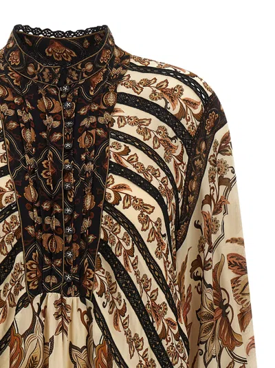 Farm Rio Majestic Garden Long Sleeve Lace Insets Trapeze Dress In Multi