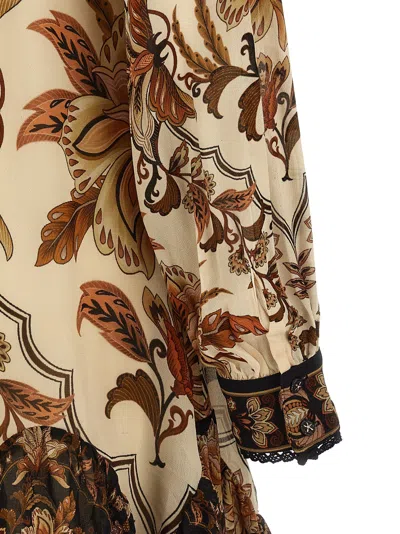 Farm Rio Majestic Garden Long Sleeve Lace Insets Trapeze Dress In Multi