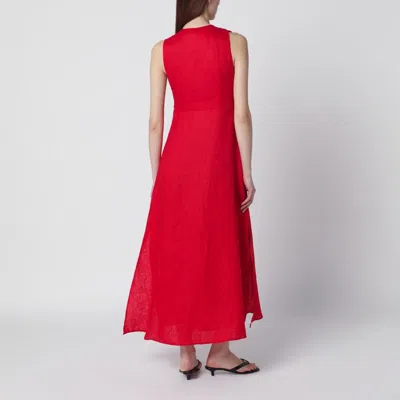 Farm Rio Linen Dress With Floral Appliques And Halterneck In Red
