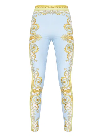 Versace Blue Leggings With All-over Geometric Print In Stretch Fabric Woman In Multi