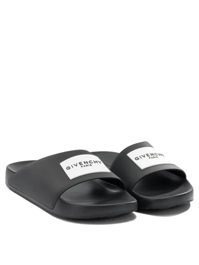Givenchy Black Sandals With Wide Band And Contrasting Logo Patch In Rubber Man