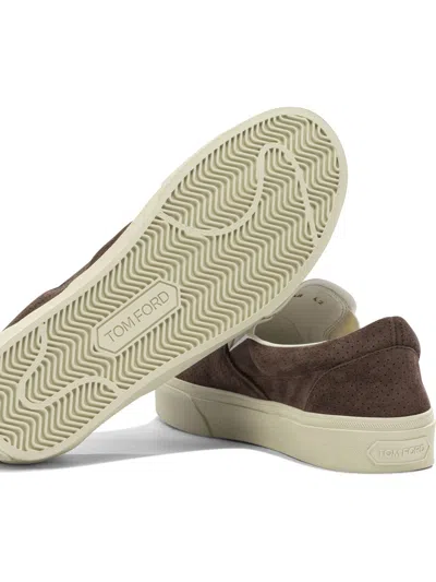 Tom Ford Sneakers Slip On Perforated Round Toe Rubber Sole In Brown