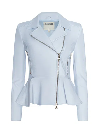 L'agence Lyric Peplum Leather Biker Jacket In Blue