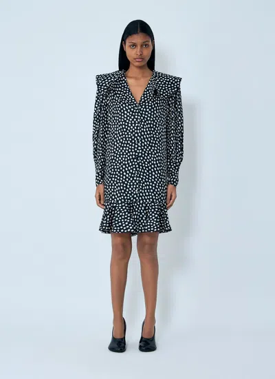 Chloé Dots-print Silk Jacquard Capelet Long-sleeve Mini Dress In Black
